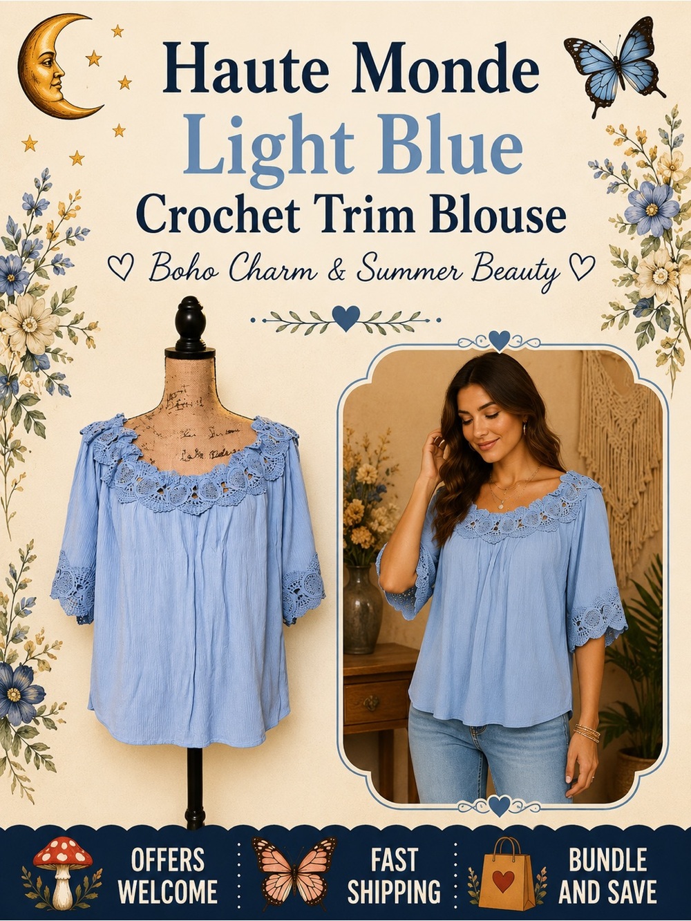 Haute Monde Light Blue Crochet Lace Off Shoulder Peasant Blouse Size L